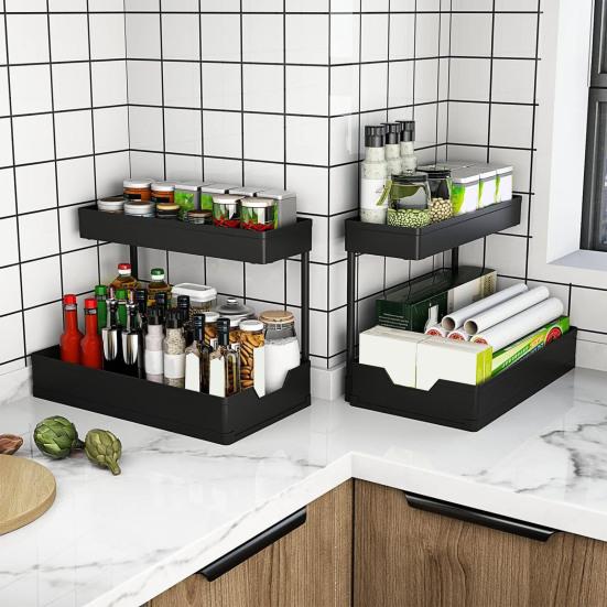 Kitchen Cabinet Pull-Out Storage Rack Under-Sink Organizer Large Capacity 2 Tier L-Shape Easy Installation