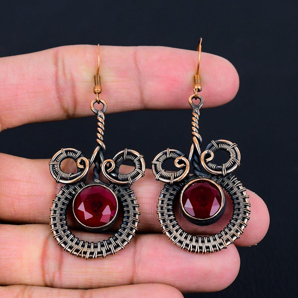 Lab-Created Ruby Gemstone Handmade Pure Copper Wire Wrapped Earrings Jewelry