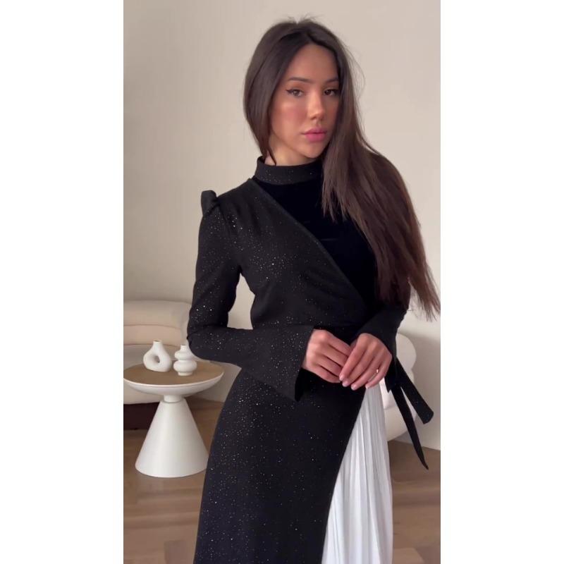 Women's Long Sleeve Patchwork Pleated Two-Piece Dresses