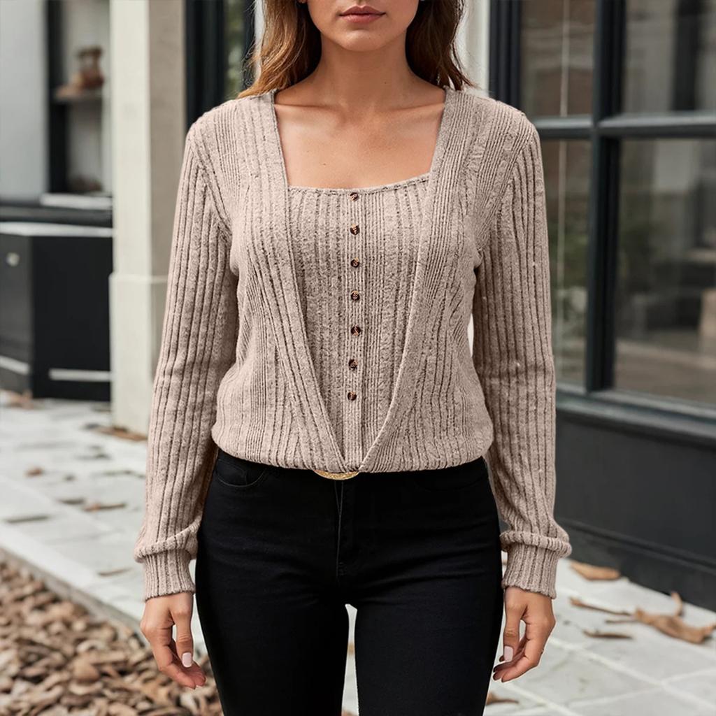 Women's Solid Color Button Top Slim Fit Long Sleeved T-shirt Top