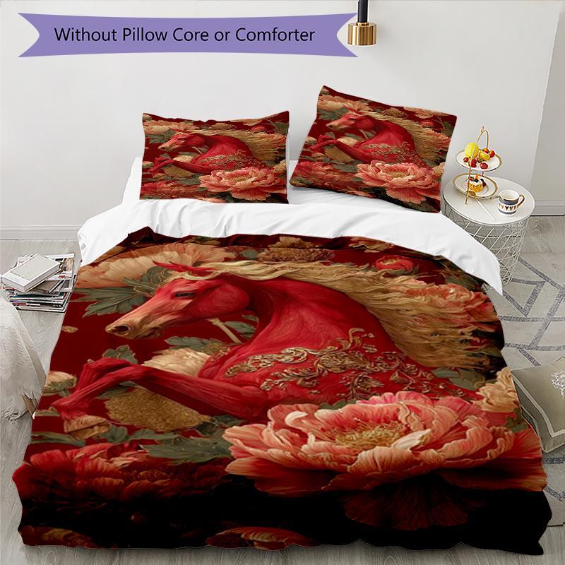 Horse Floral Design Bed Bedding Set 1 Duvet Cover + 2 Pillowcases Soft Breathable Household Bed Linens