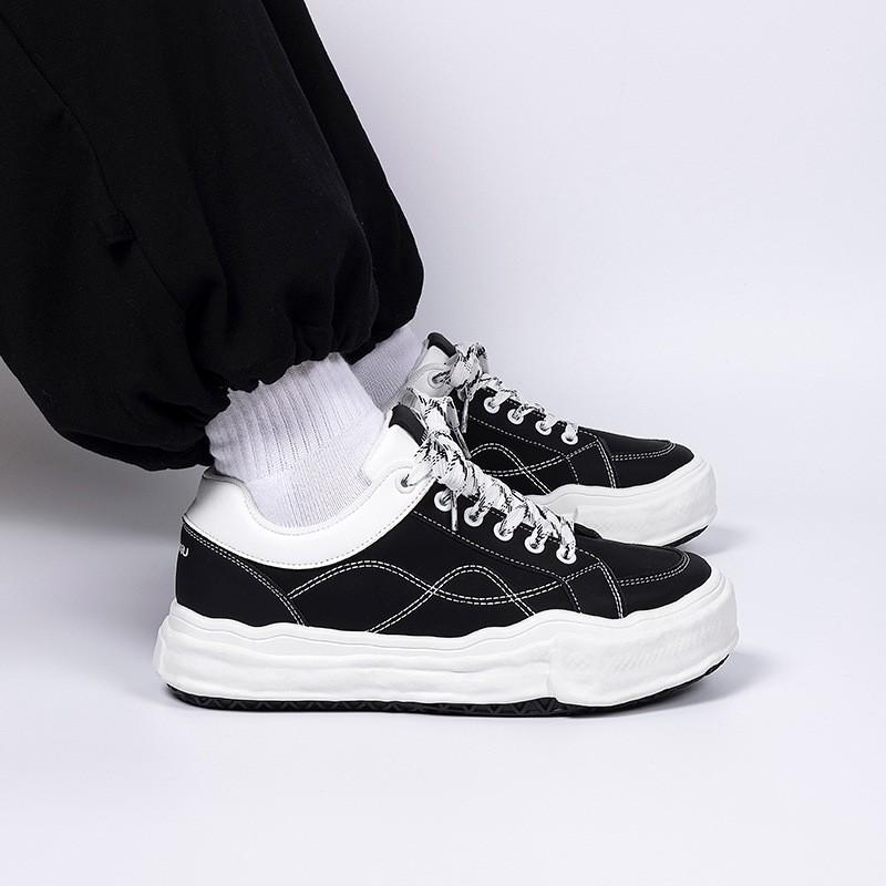 Kids Shoes MensZHQ-ZL9126 Casual Low-Top Platform Sneakers Youth Breathable PU Upper Rubber Sole Round Toe Lace-Up Black White