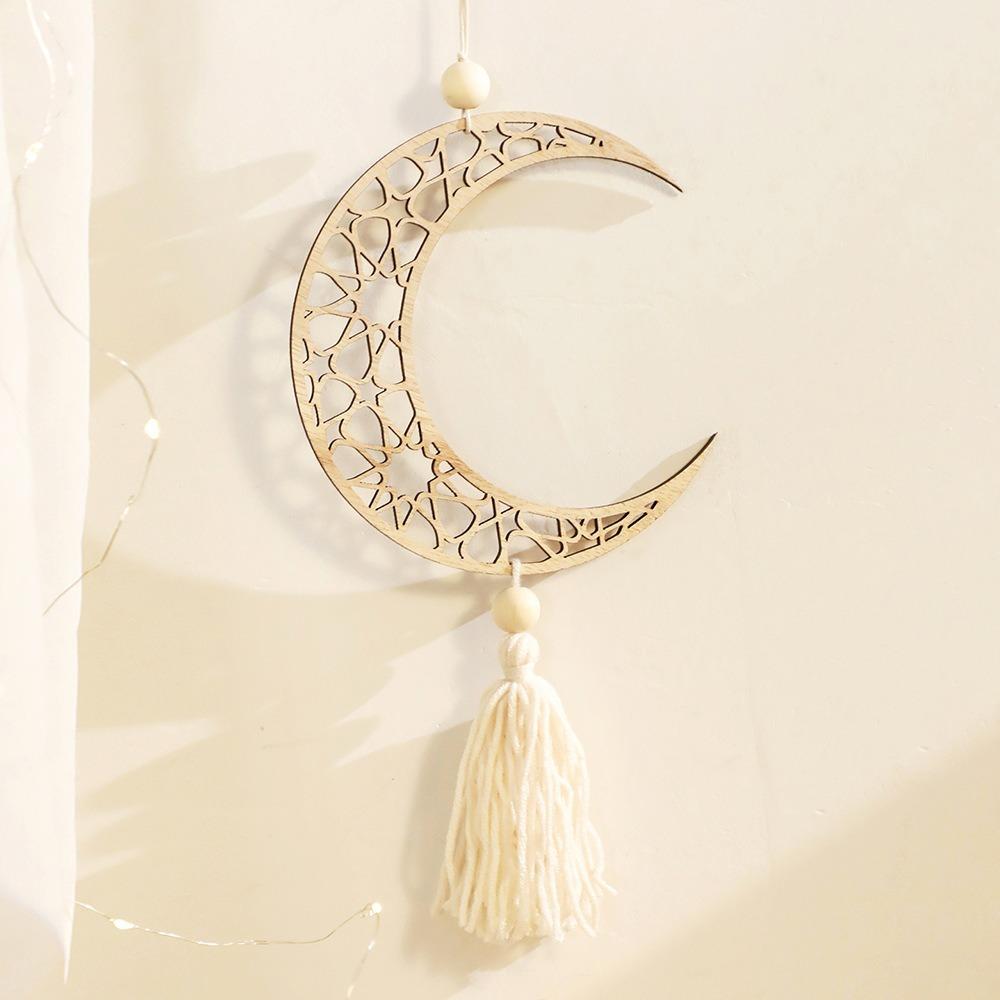 with Tassels Moon Star Hollow Mesh Wall Decor Wooden Handicraft Pendant  Ramadan Celebration
