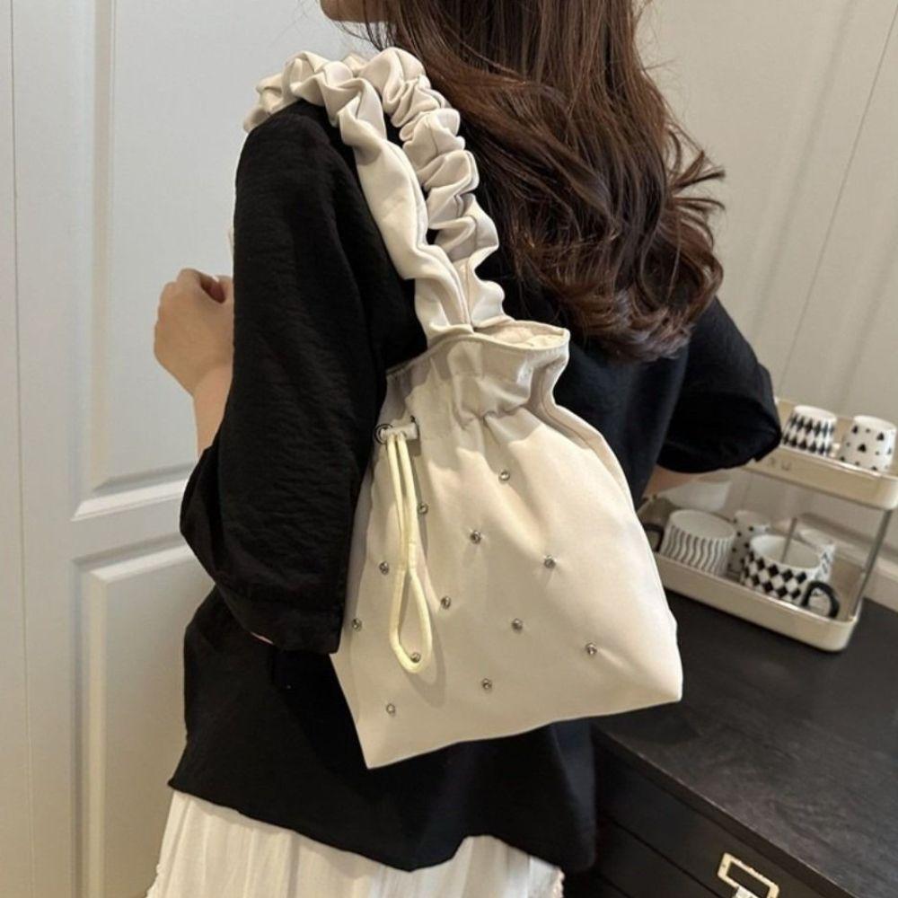 Large Capacity Pleated Tote Bag Versatile Drawstring Handbag Korean Nylon Shoulder Bag Women's