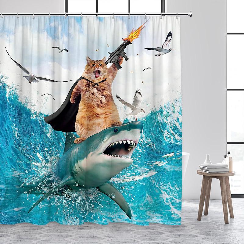 Funny Cat Riding Dinosaur Shower Curtain Cute Animal Surfboard Sea Waves Japanese Landscape Kids Bath Curtains Bathroom Decor