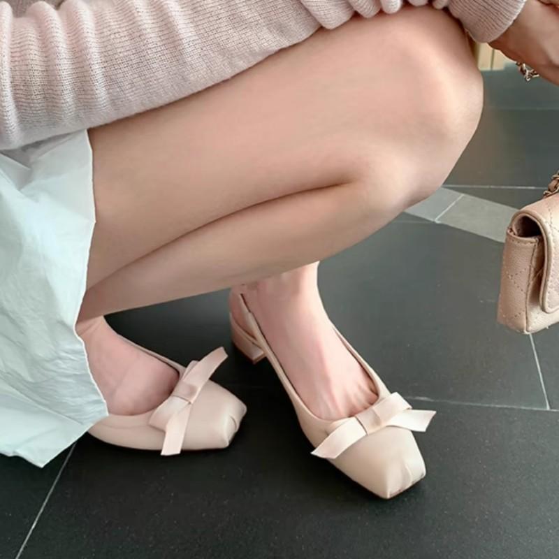 Fashion New Women Bowknot Sandals Mary Jane Shoes for Woman Shallow Mid Heels Ladies Closed Toe Slingbacks Office Pumps Zapatos De Mujer