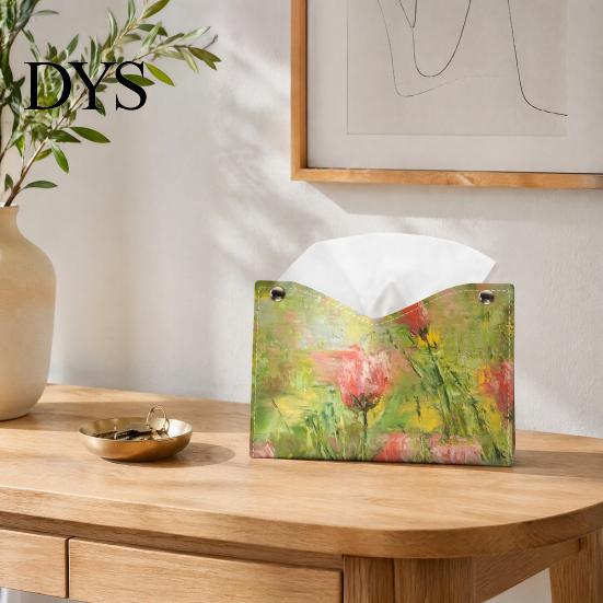 Foldable Napkin Storage Leather Tissue Box Cover with Oil Painting Pattern, Desktop Organizer, Holder Multi Purpose Case, Facial Paper Organizer
