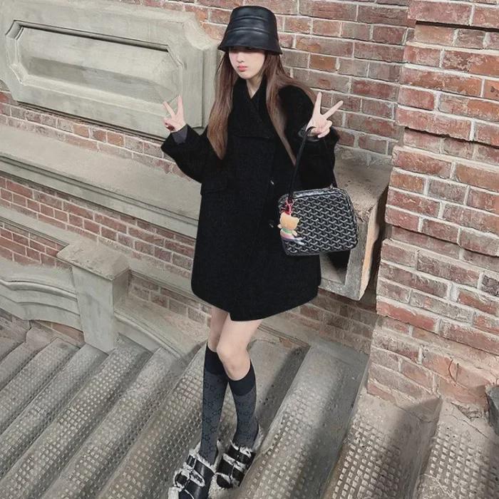 Женское серое шерстяное пальто средней длины - дизайн Dragon & Phoenix, свободный крой, корейский стиль, осень и зима 2024 г.