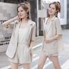 Women 3 Piece Blazer Outfit Short Sleeve Open Front Blazer Sleeveless Tank Top Shorts Set One Button Suit Jacket Business Set