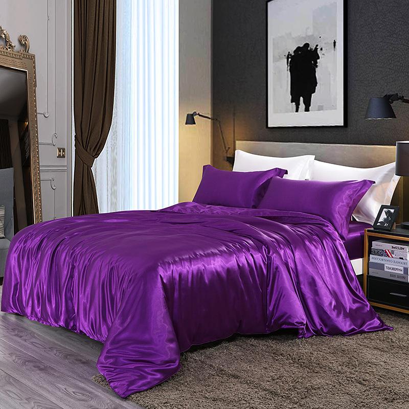 European Solid Color Mulberry Silk Bedding Sets Ice Silk Satin Cooling Bedclothes High Quality Skin-Friendly Smooth Duvet Kit