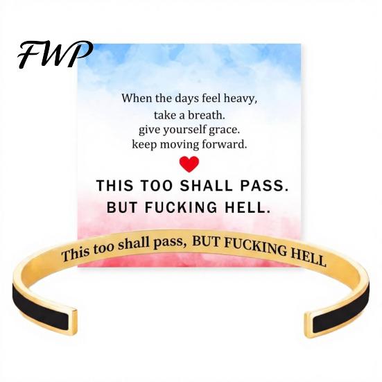 Engraved Message Bracelet This Too Shall Pass Mantra Cuff Bracelet, Hidden Engarved Motivational Inspirational Bangle Adjustable Encouragement Jewelry