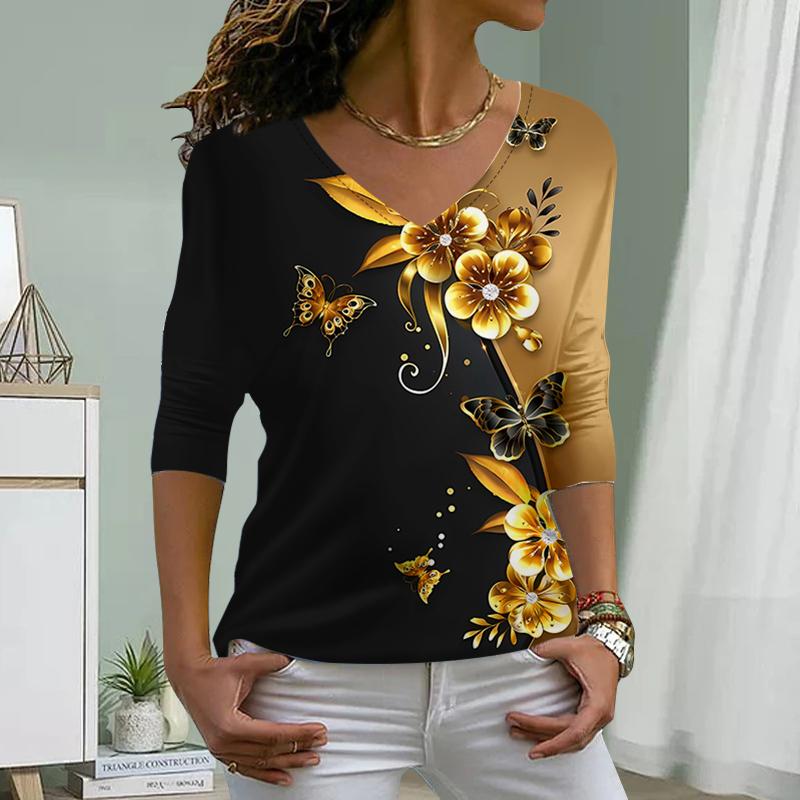 Golden Rose Print Women Tshirts Ladies Tops Long Sleeve V-neck Pullover Femme T-shirts T Shirt For Women