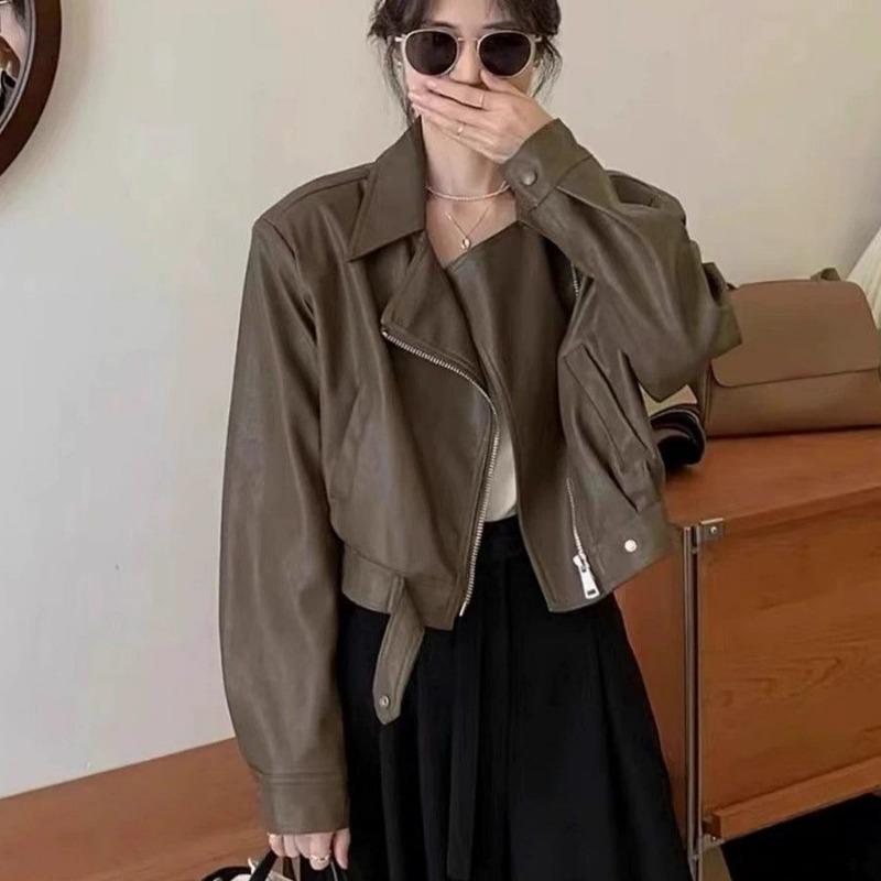 Осень Зима Уличный Стиль Свободный Повседневный Водолазка Куртка на Молнии из ПУ Кожи Женская Y2K Хипстер Кардиган Пальто