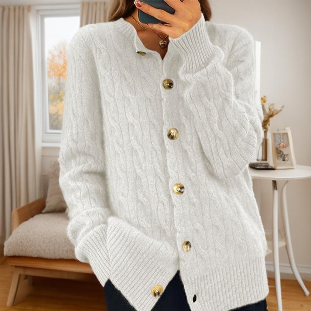Женская мода однотонный длинный рукав круглый вырез вязаный кардиган пуговиц свитер куртка