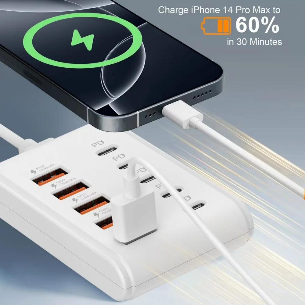 10-портовый USB-хаб для быстрой зарядки, 5 USB-A + 5 Type-C, многофункциональный разветвитель-адаптер для одновременной зарядки нескольких устройств