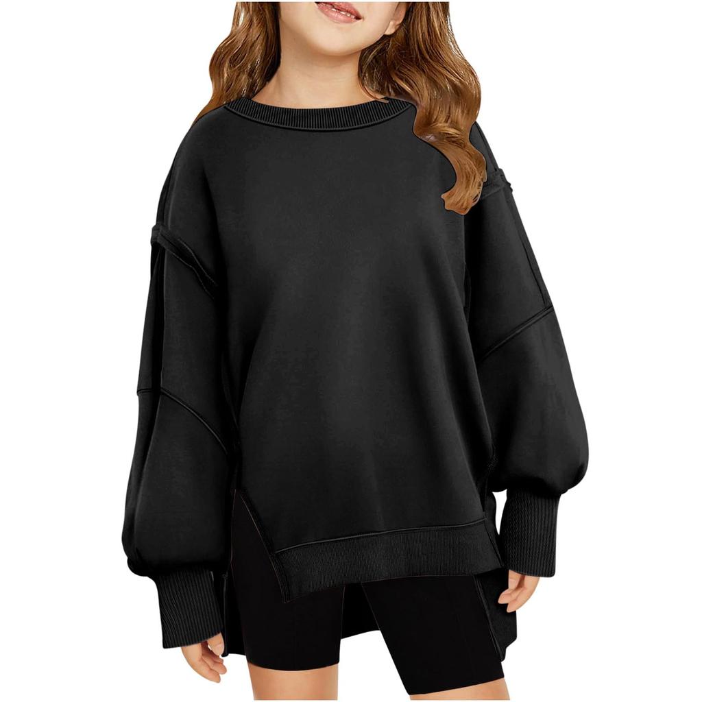 Children's Oversized Pullover Sweatshirt Girls' Round Neck Split-Front Solid Color Hoodie