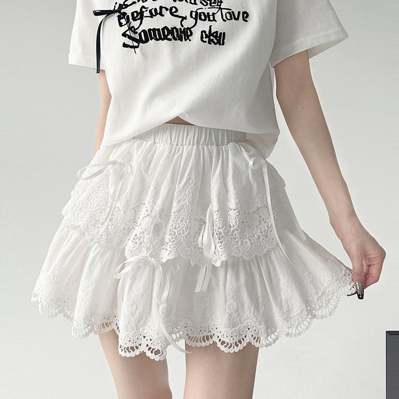 Белая кружевная юбка для женщин, весна-лето, милая мини-юбка трапециевидной формы с милым бантом и эластичной резинкой на талии, тонкая женская одежда в стиле Лолиты Y2K