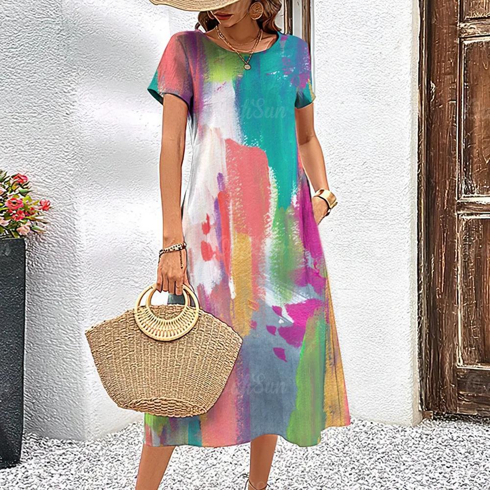 Летние платья с короткими рукавами, стильная женская одежда с контрастными цветами, длинное платье с принтом 3D Tie-Dye, женская одежда, свободный свитер с круглым вырезом