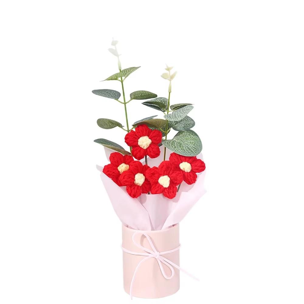 Forever Knitted Flower Bouquet Handmade Puff Crochet Roses Eternal Flower Gift for Mothers Day Teachers Day Home Decor Ornament