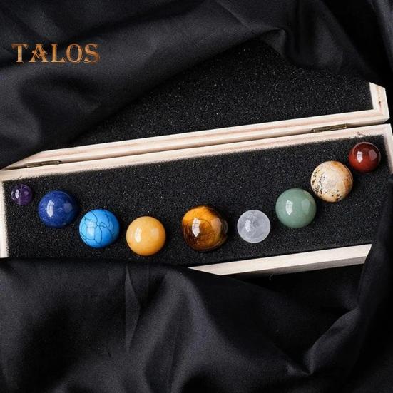 Faux Crystal 9 Planets Ball Solar Sun System Rock with Wooden Box Realistic Looking Quartz Stones Beads Desktop