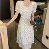 New French Style Sweet Floral Mesh Dress Elegant Tight Waist Slimming Short Sleeve A- Line Dress Summer Caual Beach Dress