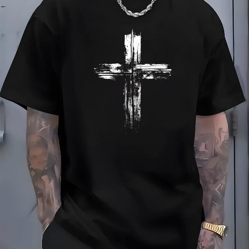 Men's summer cotton fashionable casual loose plus size retro cross print sports round neck short sleeved T-shirt top