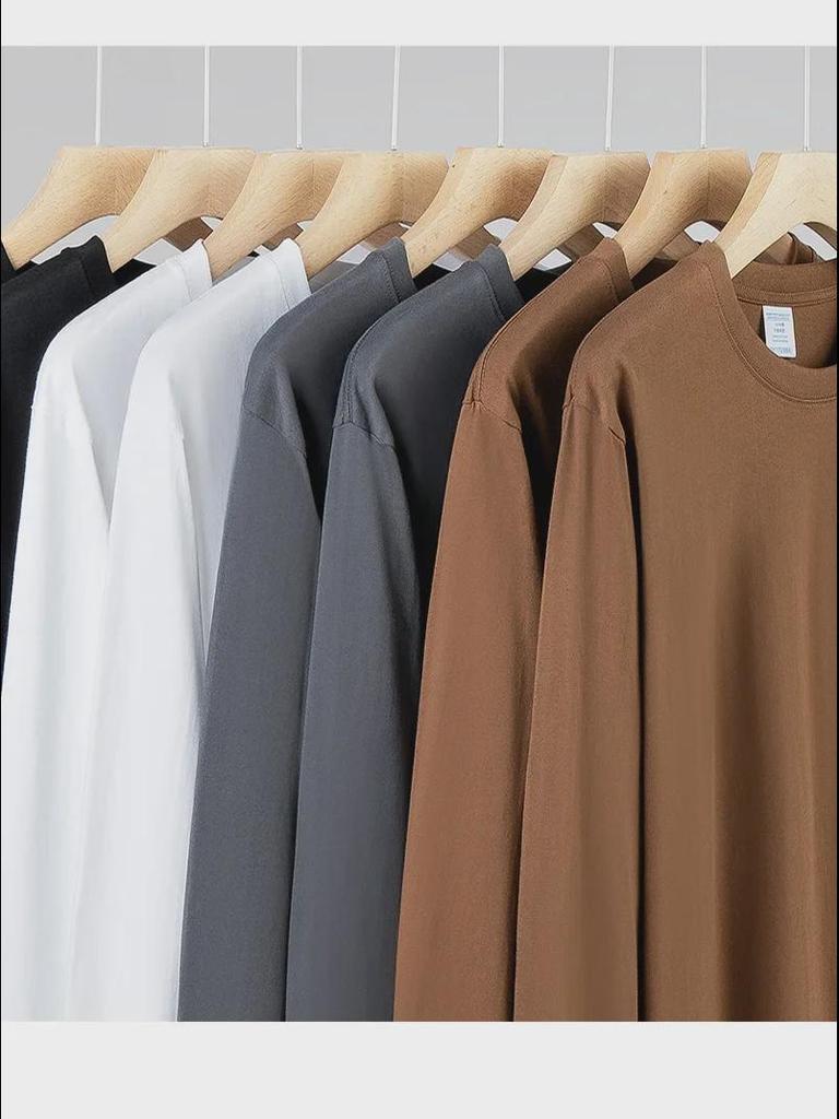 Футболка унисекс из плотного хлопка с длинным рукавом, однотонная: Непрозрачный, свободный крой, небольшой воротник, идеально подходит для весны и осени.