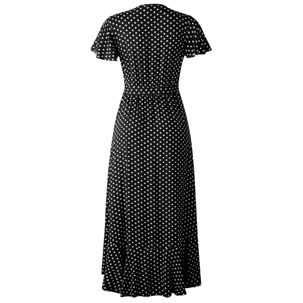 Bohemian Dot Polka Womens Chiffon Wrap V Neck Short Sleeve Split Maxi Dress