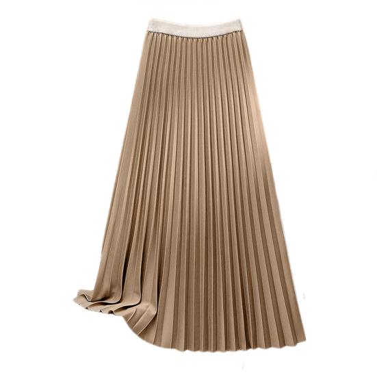 Women Maxi Skirt Elastic High Waist Pleated Skirt Solid Color Smooth Satin A-Line Skirt Work Leisure Wear