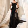 Soft Lightweight Fabric Dress Women Polyester Dress Elegant Sequin Evening Dress with Lace Sleeves for Cocktail for Weddings