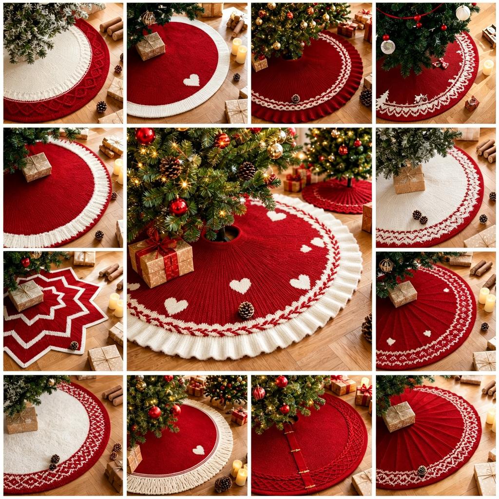 Christmas Tree Skirt 36 Inch Knitted Red Tree Base Cover, Ruffle Edge Cable Pattern Xmas Holiday Home Fireplace Decor