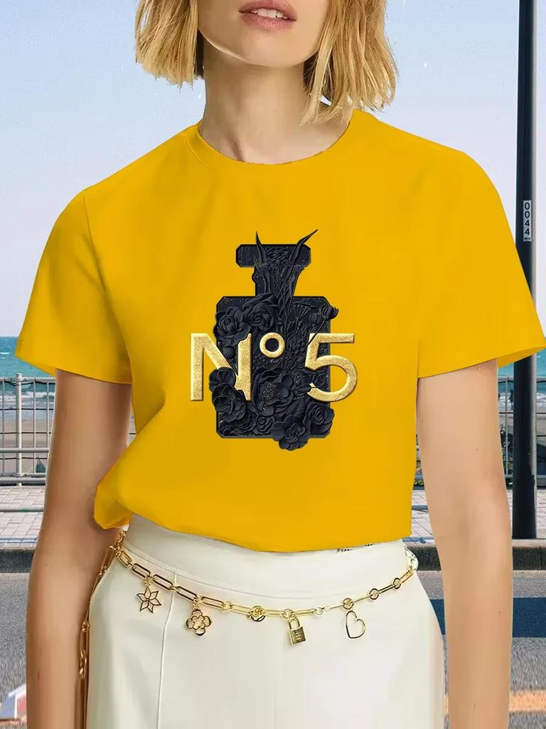 Luxury Brand Fashion Black Perfume Surrey Printed Crew Neck Clothing Short Sleeve Summer Women's Trend Y2K Oversized Tops