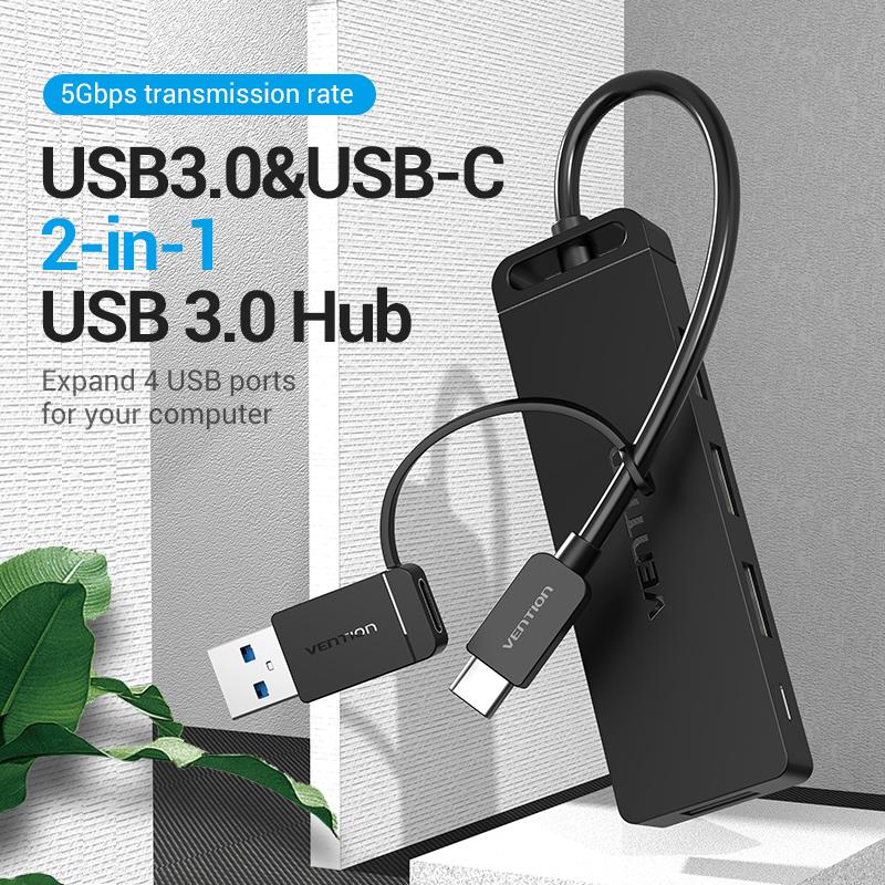 Vention USB3.0 и USB-C 2-в-1 Интерфейс к 4 портам USB 3.0 ХАБ Высокоскоростной 5 Гбит/с Micro-USB - CHTBB