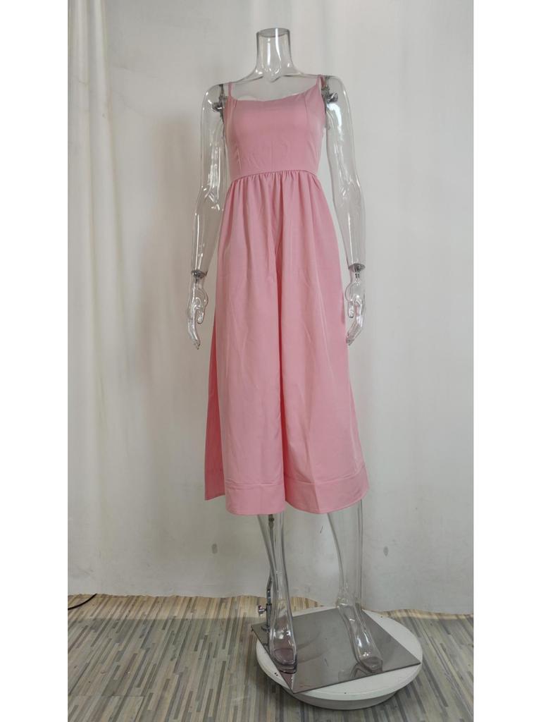 U Neck Solid Color Dress Waist Hugging Elegant Strap Dress for Women Sleeveless Loose Dresses Causal Dress