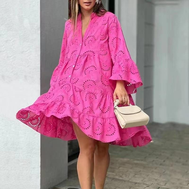 Summer Casual Solid Lace Dress Women Elegant V-neck Loose Hollow Embroidery Dress Women Vintage Beach Sexy Mini Dresses 27725