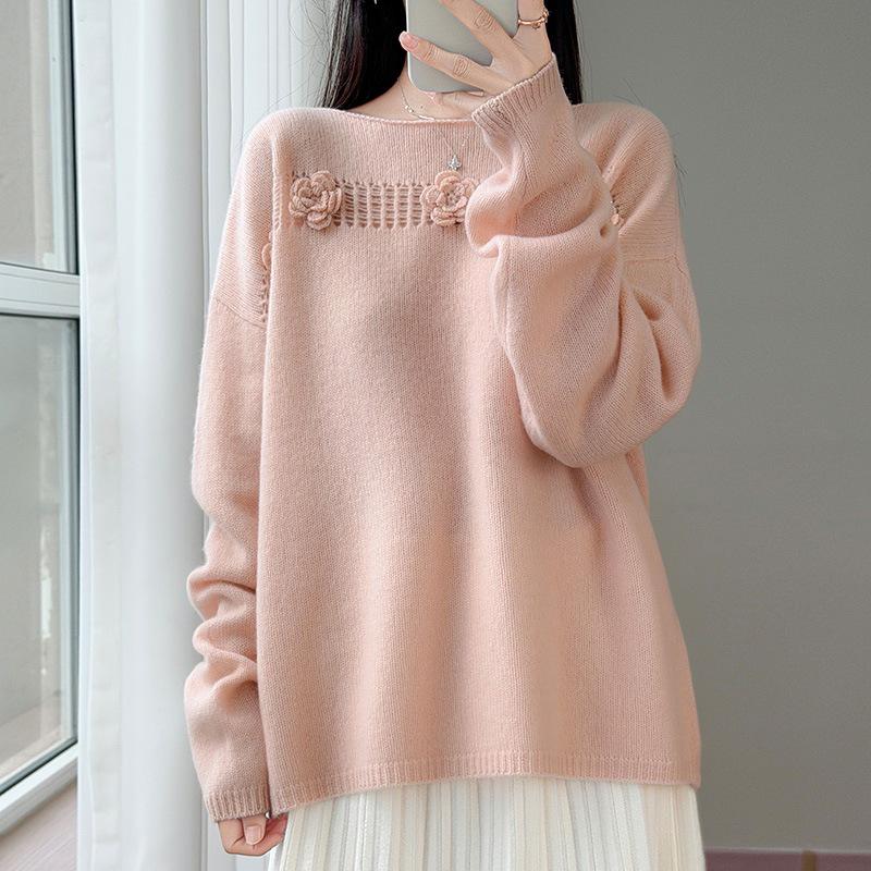 2026 Autumn/Winter Pure Wool One-Shoulder Knit Sweater with 3D Embroidery