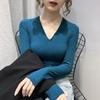 Весенне-осенняя модная нижняя рубашка, женская новая корейская футболка с длинными рукавами, однотонные пуловеры с v-образным вырезом, топ