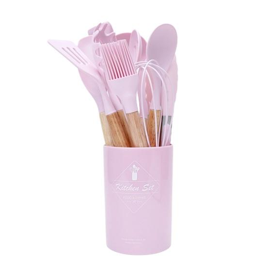 Silicone Kitchenware Set with Wooden Handles Heat Resistant Turner Tongs Spatula Spoon Brush Whisk Nonstick Cooking Tools