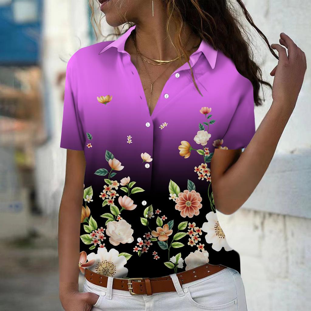 Лето 2025 Новая Мода Женская Блузка с Коротким Рукавом и V-образным Вырезом на Пуговицах с Цветочным Принтом