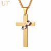 U7 Stainless Steel Christian Bible Engraved Cross Necklace Blue Black 18k Gold Color Round Ring Cross Unisex Religious Jewelry