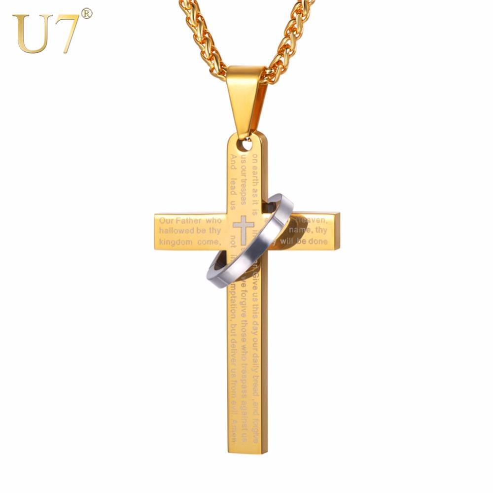 U7 Stainless Steel Christian Bible Engraved Cross Necklace Blue Black 18k Gold Color Round Ring Cross Unisex Religious Jewelry