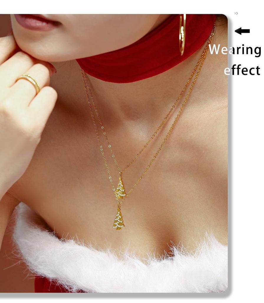 Gold-Plated Sugar Cube Christmas Tree Pendant Necklace with Zircon Inlay - Romantic Gift for Girlfriend