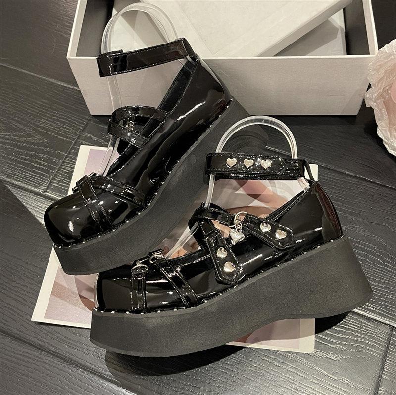 Модные туфли Мэри Джейн на толстой платформе, женские туфли с металлическим украшением и ремешком на щиколотке, женские туфли в стиле косплея в стиле панк-готика в стиле Лолиты в стиле колледжа Y2K