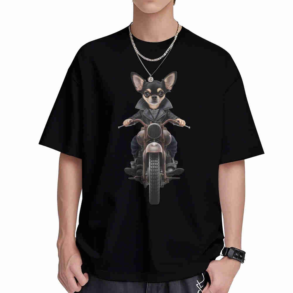 Chihuahua Motorcycle Rider Cute Puppy Short Sleeve Tee 100% Cotton T-Shirt