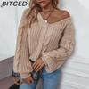 Solid Color Cable-Knit Sweater for Women Autumn/Winter Vintage Oversized Bell-Sleeve Twisted Knit Top
