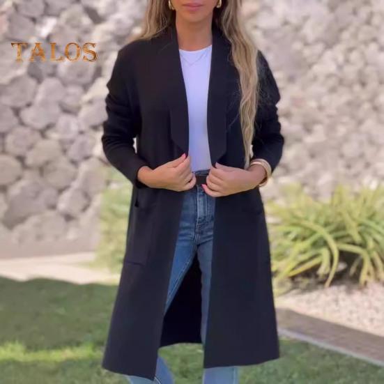 Женская шерстяная куртка с отложным воротником, однотонное трикотажное пальто средней длины, с длинными рукавами, для поездок на работу, свиданий, весна, осень, зима, пальто