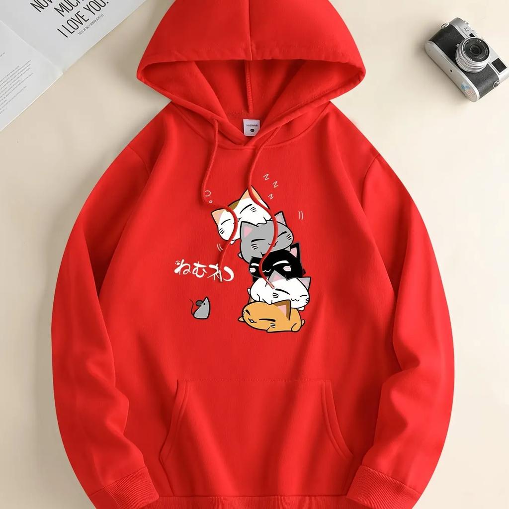 2025 - A cartoon cat and mouse pattern hoodie, men's hoodie, men's casual pullover t-shirt, with pouch pockets, spring hooded