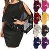 Women Plus Size Cold Shoulder Overlay Asymmetric Chiffon Strapless Sequins Dress