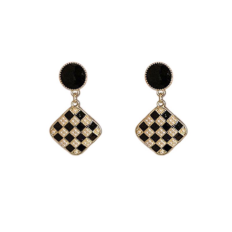"S925 Silver Needle Geometric Black Checkerboard Earrings - 2023 Light Luxury Design for Women"