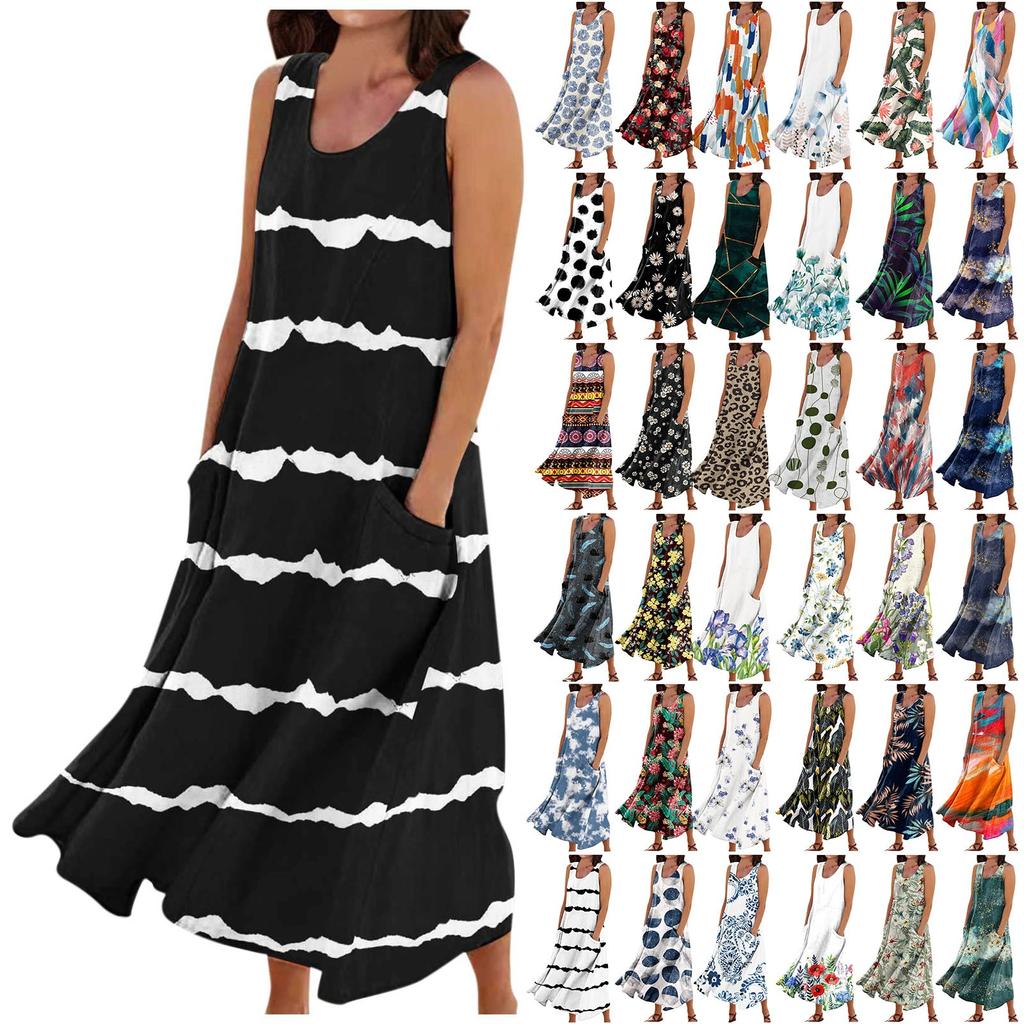 Женское летнее свободное свободное платье без рукавов с круглым вырезом и звездами в стиле пэчворк с цветным принтом и карманом